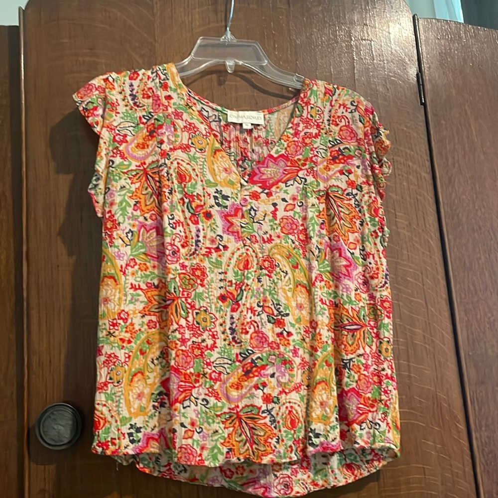 Multicolored summery Cynthia Rowley blouse with fluttery cap sleeves.